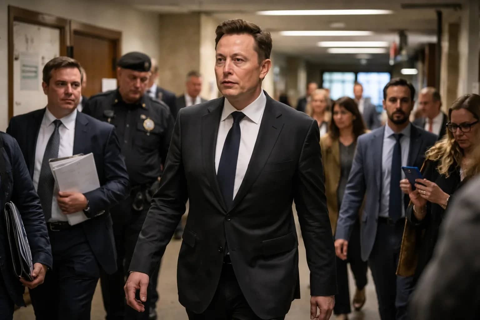 Elon Musk testifying in a courtroom setting regarding the OpenAI lawsuit.