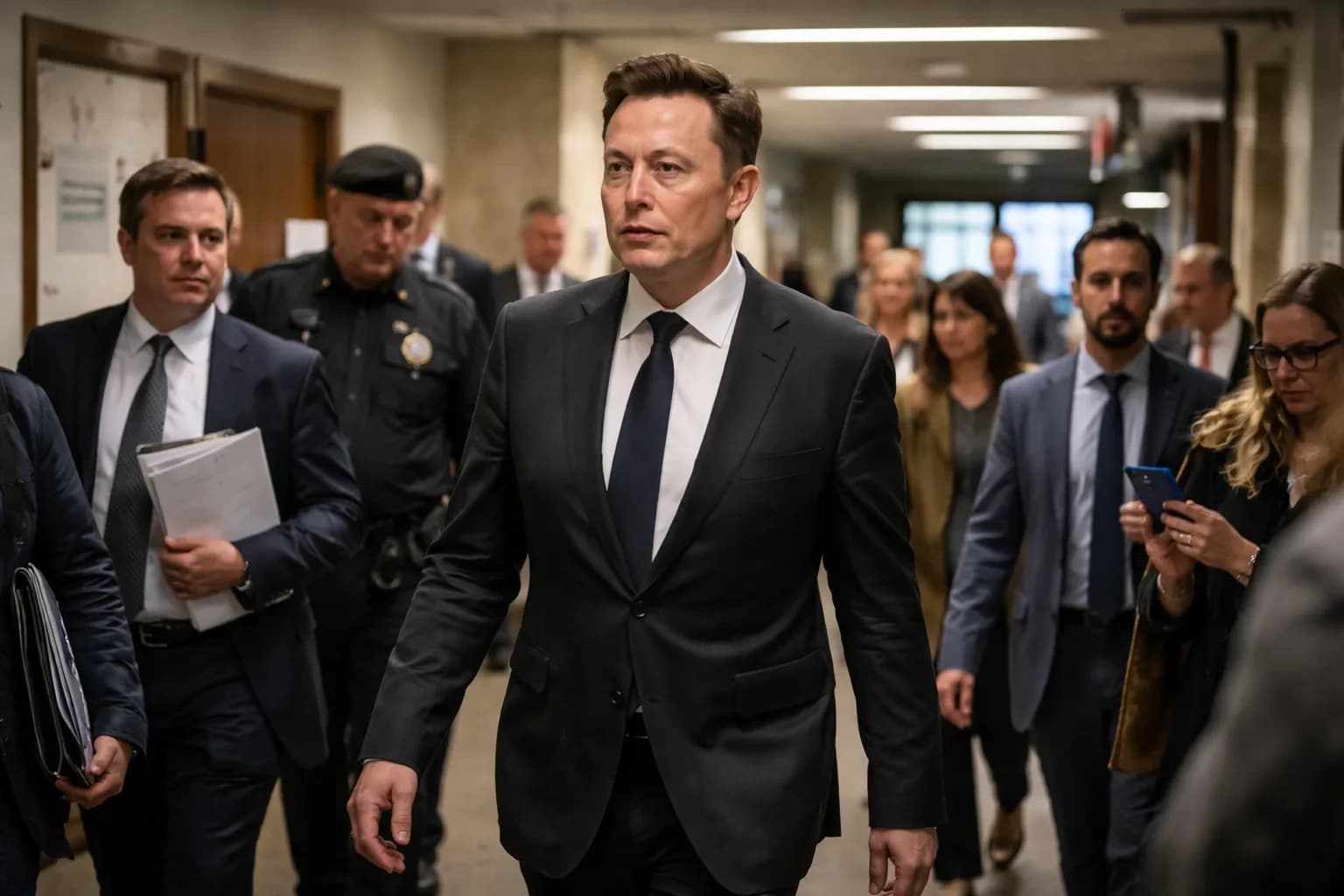 Elon Musk testifying in a courtroom setting regarding the OpenAI lawsuit.