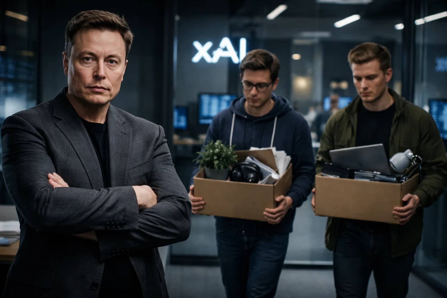Illustration of Elon Musk and the xAI logo against a tech background