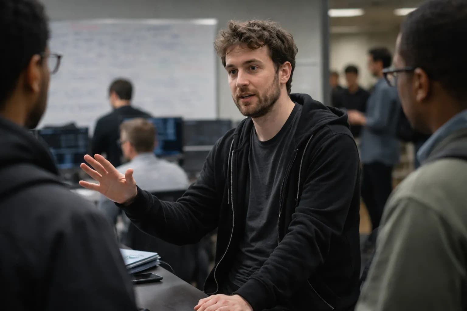 A portrait of George Hotz against a tech-themed background.