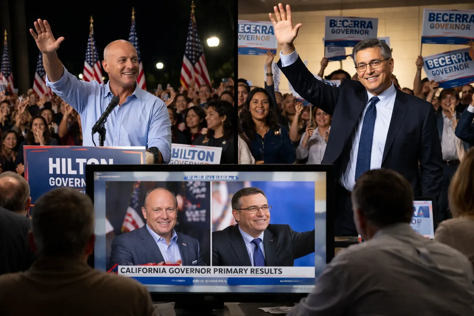 Early count leaders Steve Hilton and Xavier Becerra in the California governor primary.