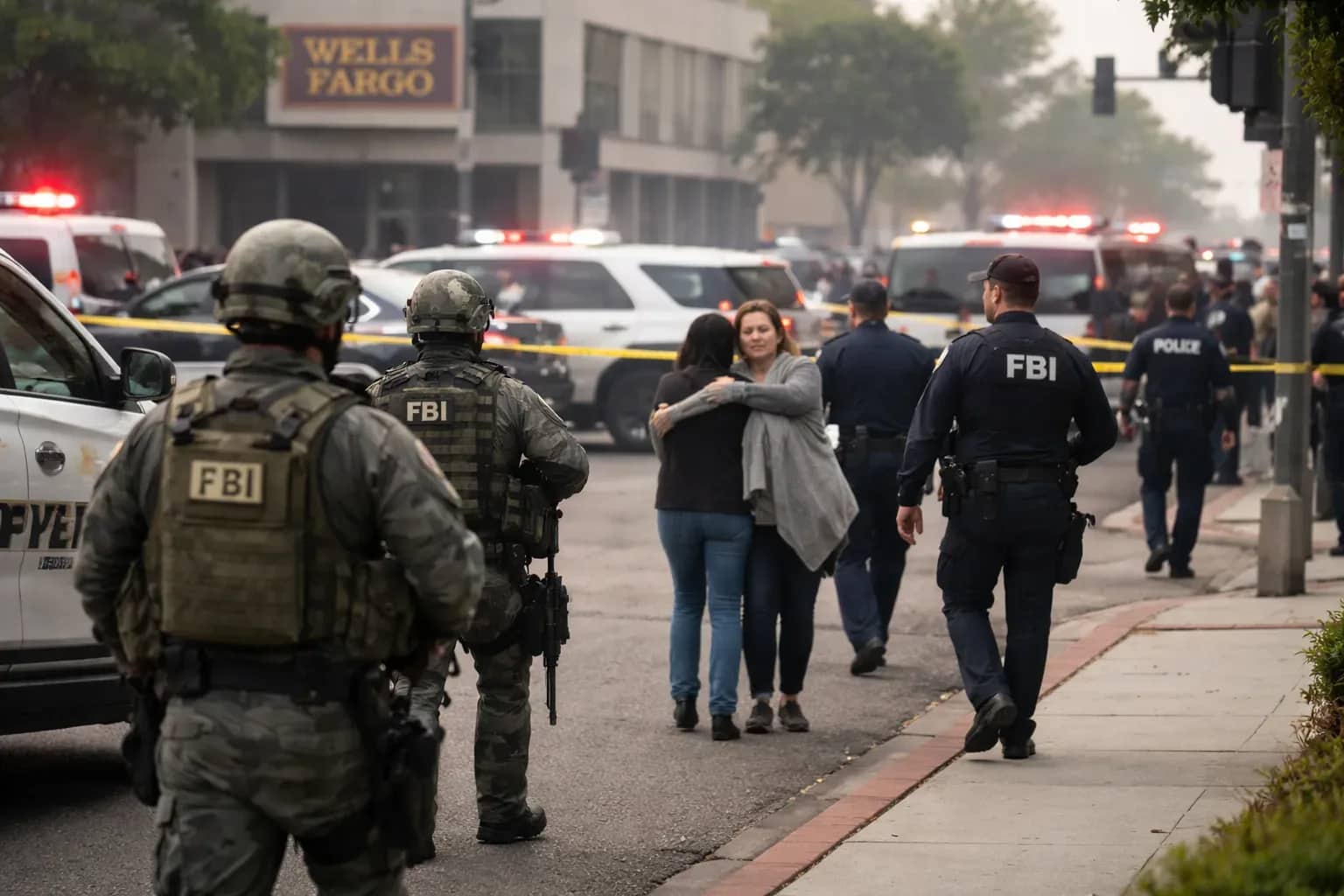 Law enforcement and FBI personnel at the scene of a hostage situation at a Chase Bank building in Bakersfield, California.