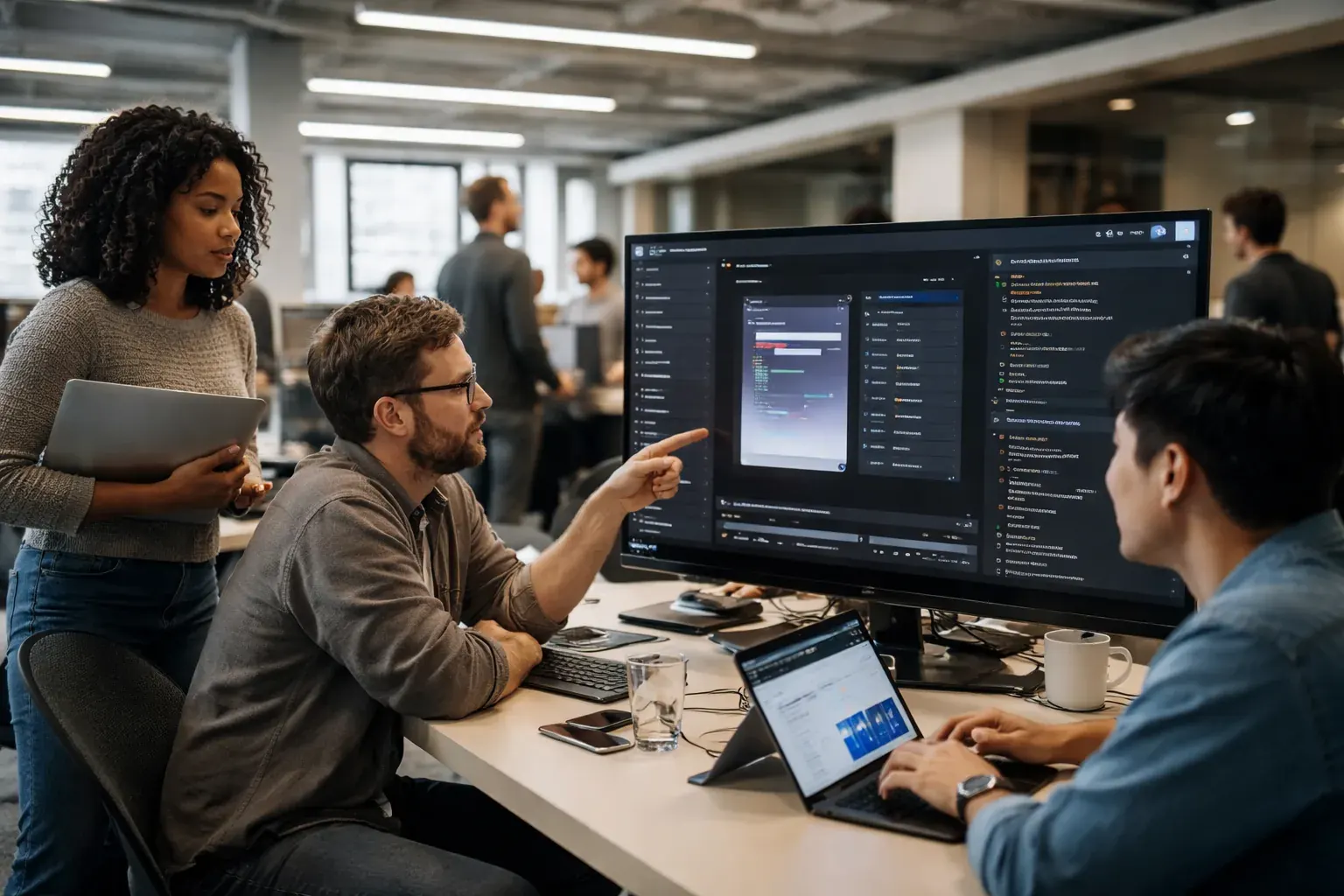 A visual representation of Figma's new code layers and AI-driven design tools on a collaborative canvas.