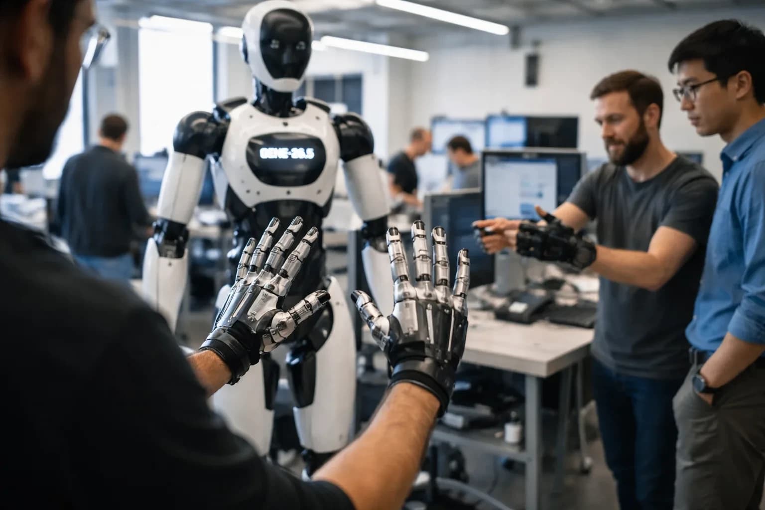A close-up of Genesis AI's humanoid robotic hand performing a dexterous task.