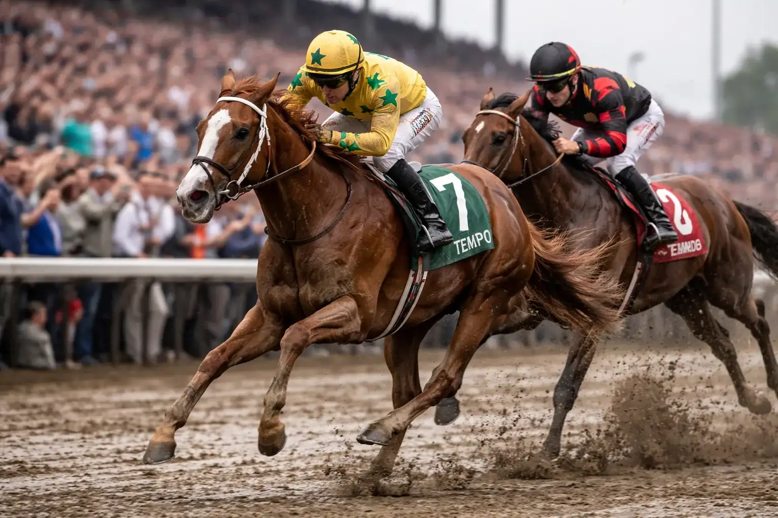 Golden Tempo crossing the finish line to win the Kentucky Derby.