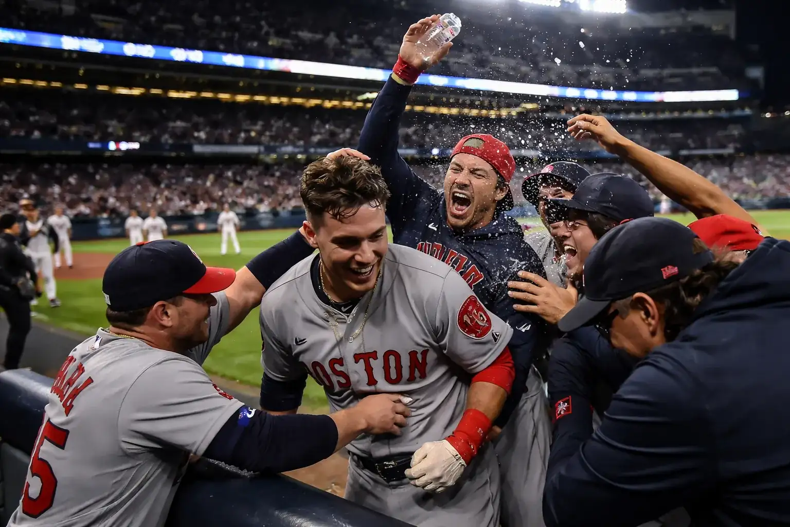 Boston Red Sox players celebrate a 10th-inning victory and series sweep over the New York Yankees at Yankee Stadium.