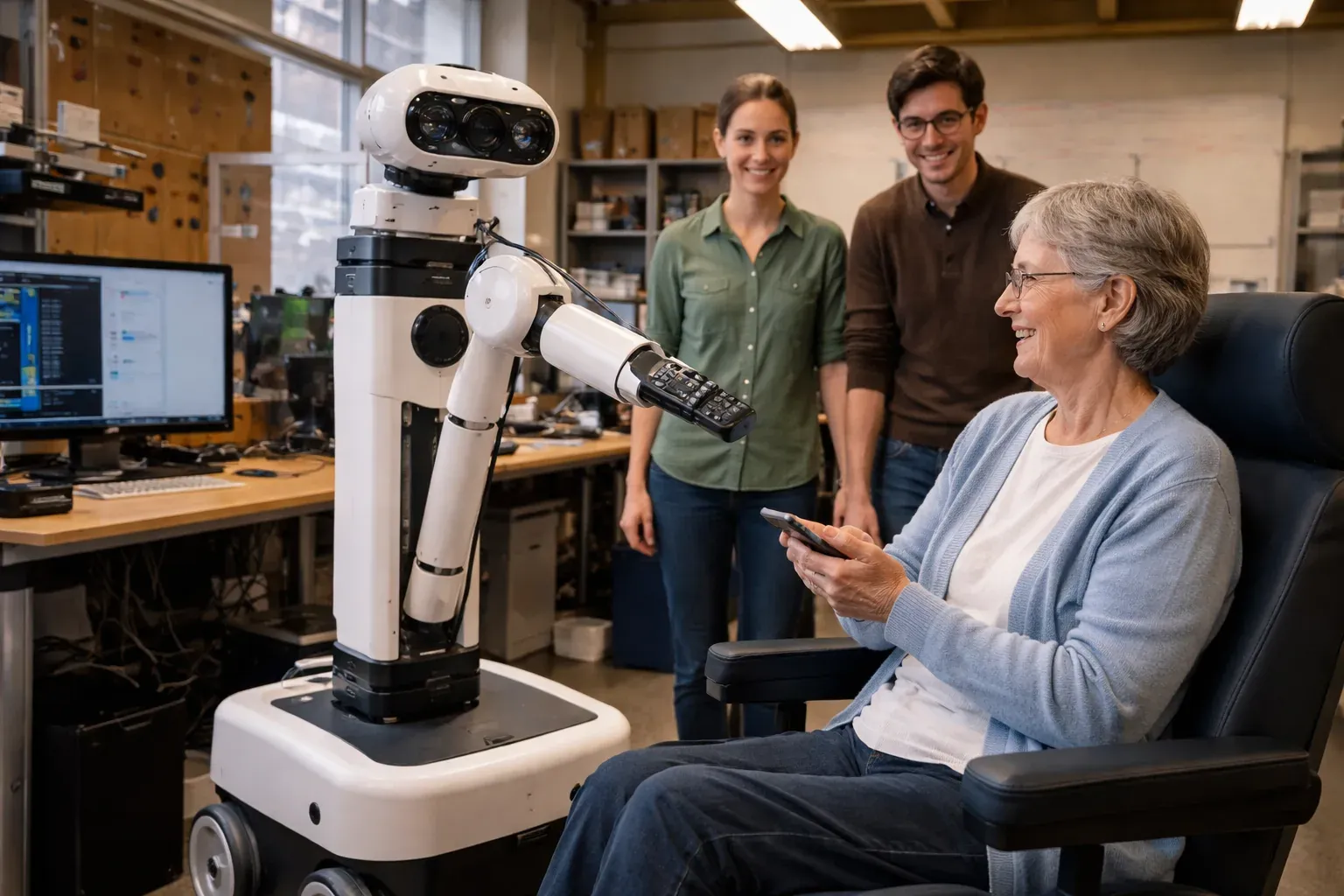 Hello Robot's Stretch robot, featuring a telescoping arm and wheeled base, designed for home assistance.