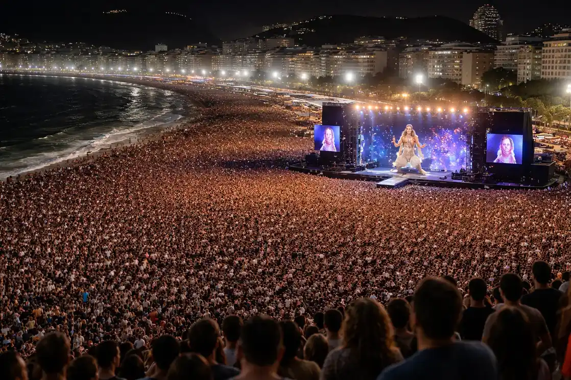 A massive crowd gathered on Copacabana beach for a free Shakira concert at night.