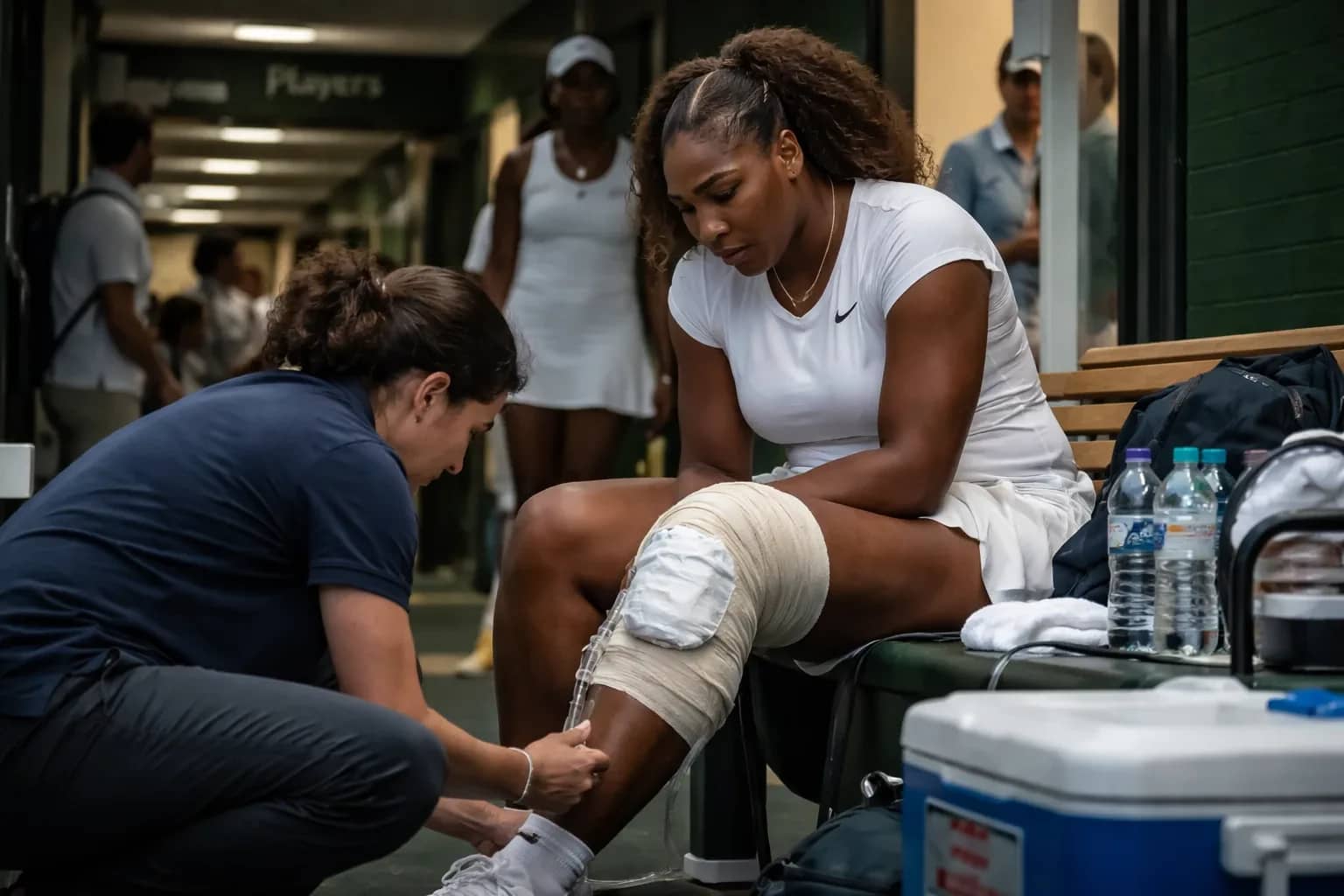 Serena Williams wearing a white Wimbledon kit during a match at the All England Club.