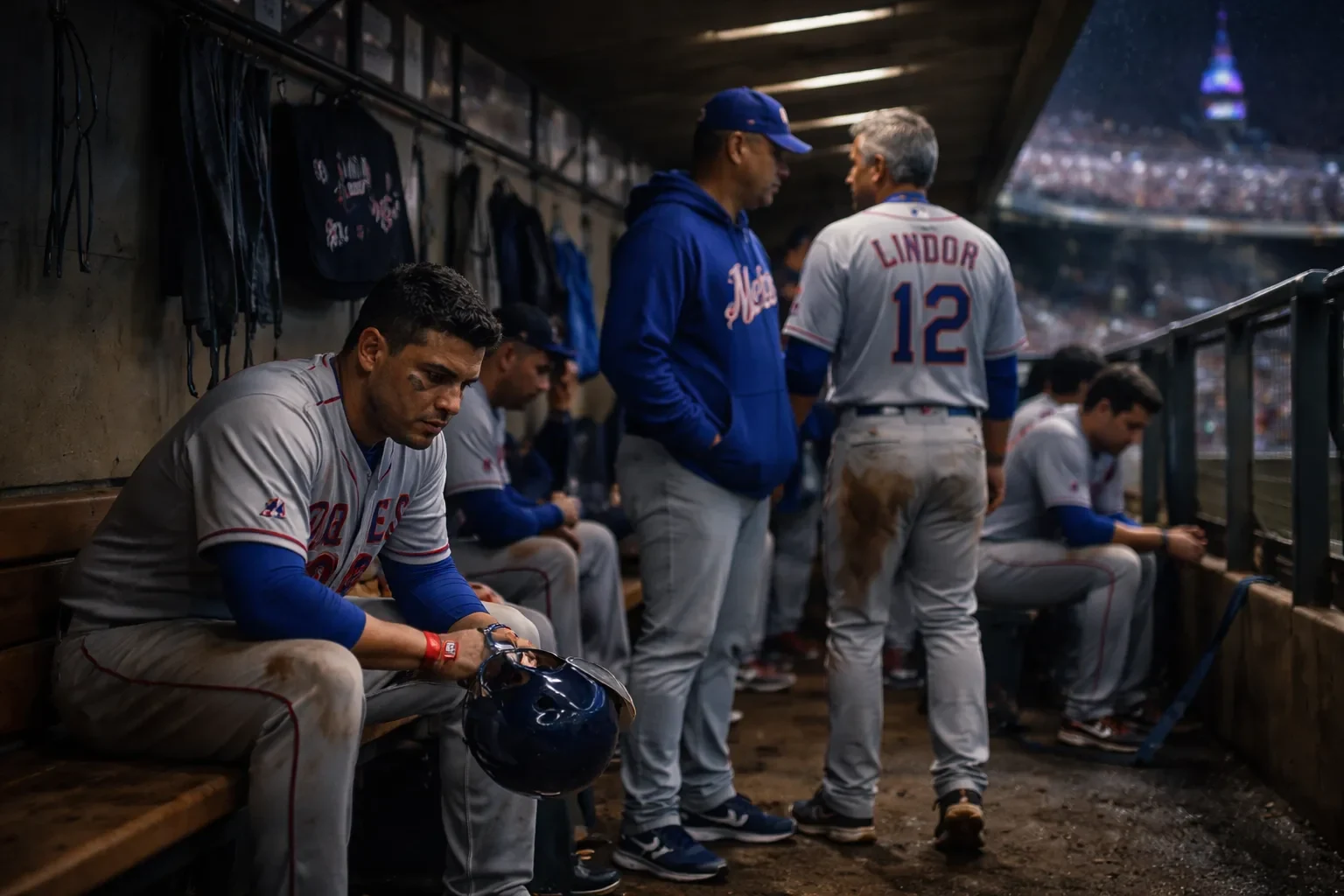 Mets manager Carlos Mendoza and Francisco Lindor talking in the dugout during a 2026 game.