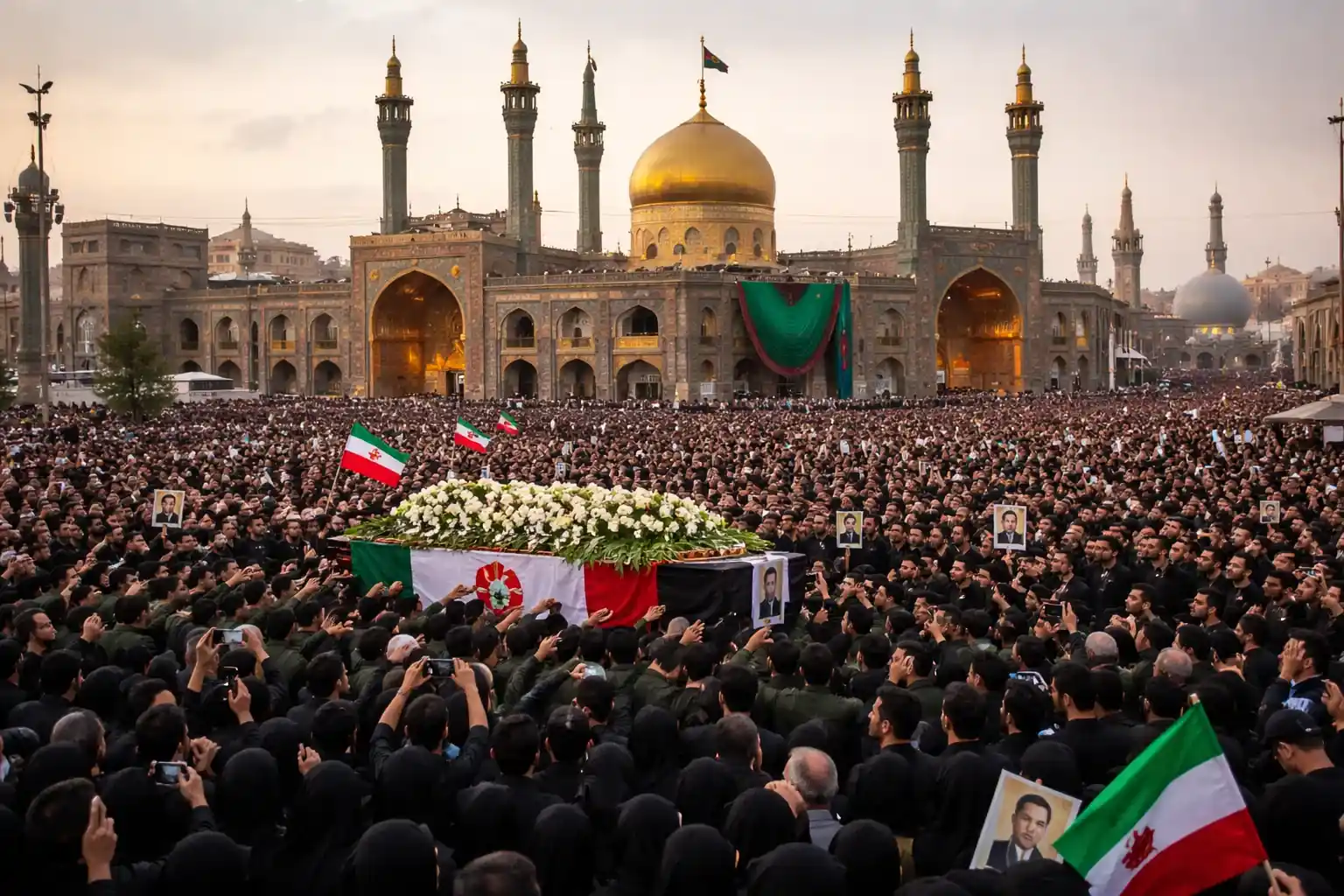 Mourners gather at the gold-domed Imam Reza shrine in Mashhad for the burial of Ayatollah Ali Khamenei.