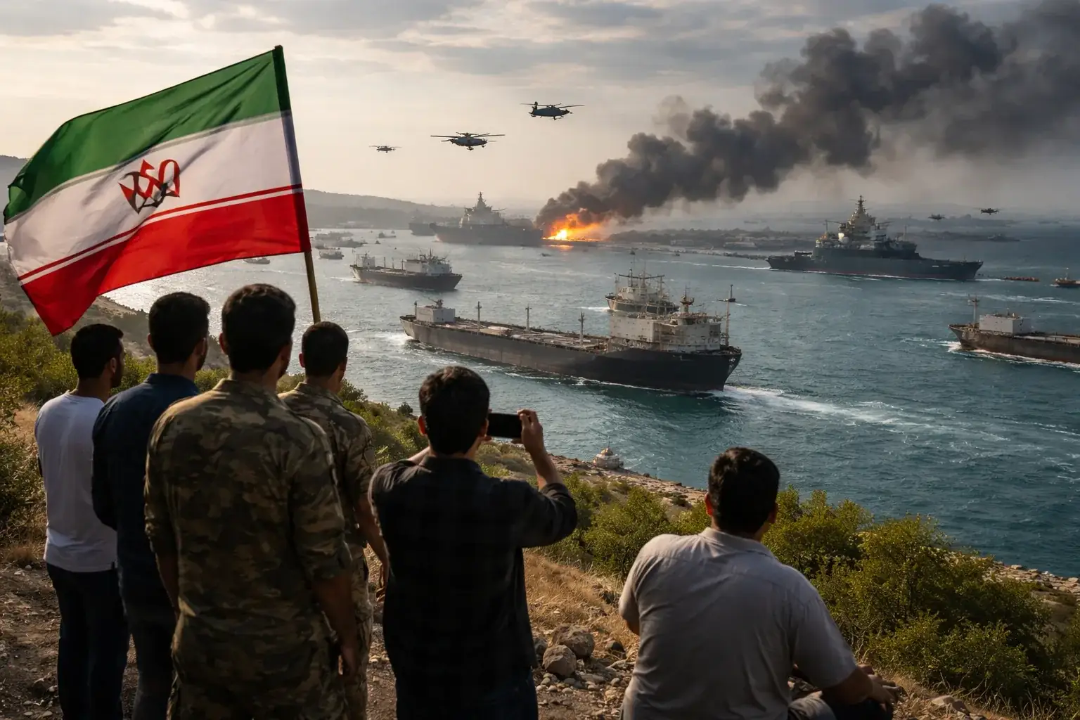 Iranian state-run media coverage of military strikes and the Strait of Hormuz.