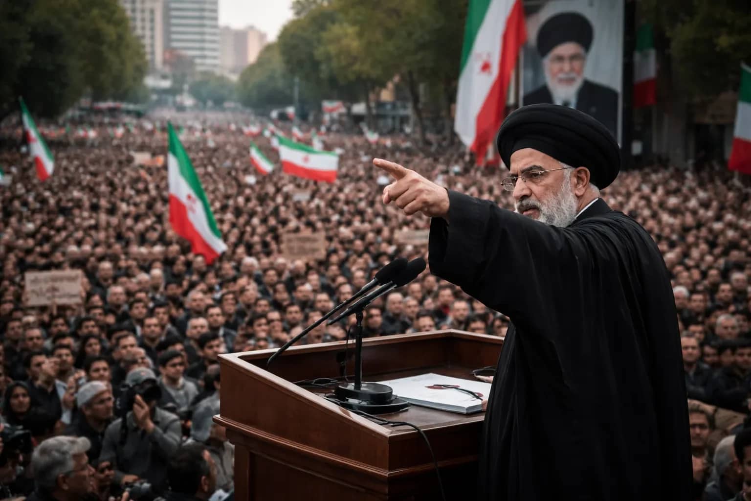 Mourners in Iran holding placards calling for revenge during the funeral of Ali Khamenei.