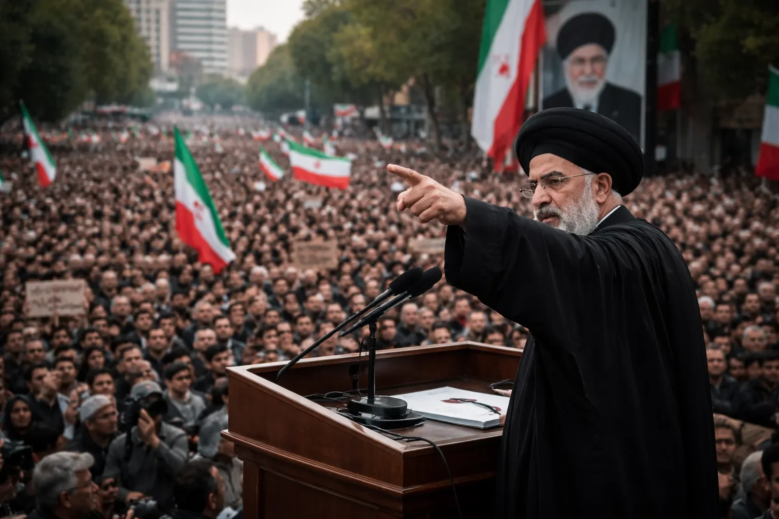 Mourners in Iran holding placards calling for revenge during the funeral of Ali Khamenei.