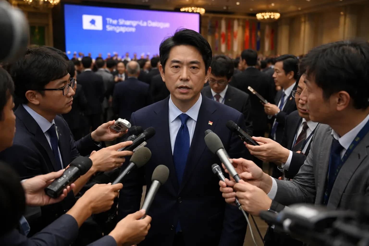 Japan's Defence Minister Shinjiro Koizumi speaking at the Shangri-la Dialogue in Singapore.