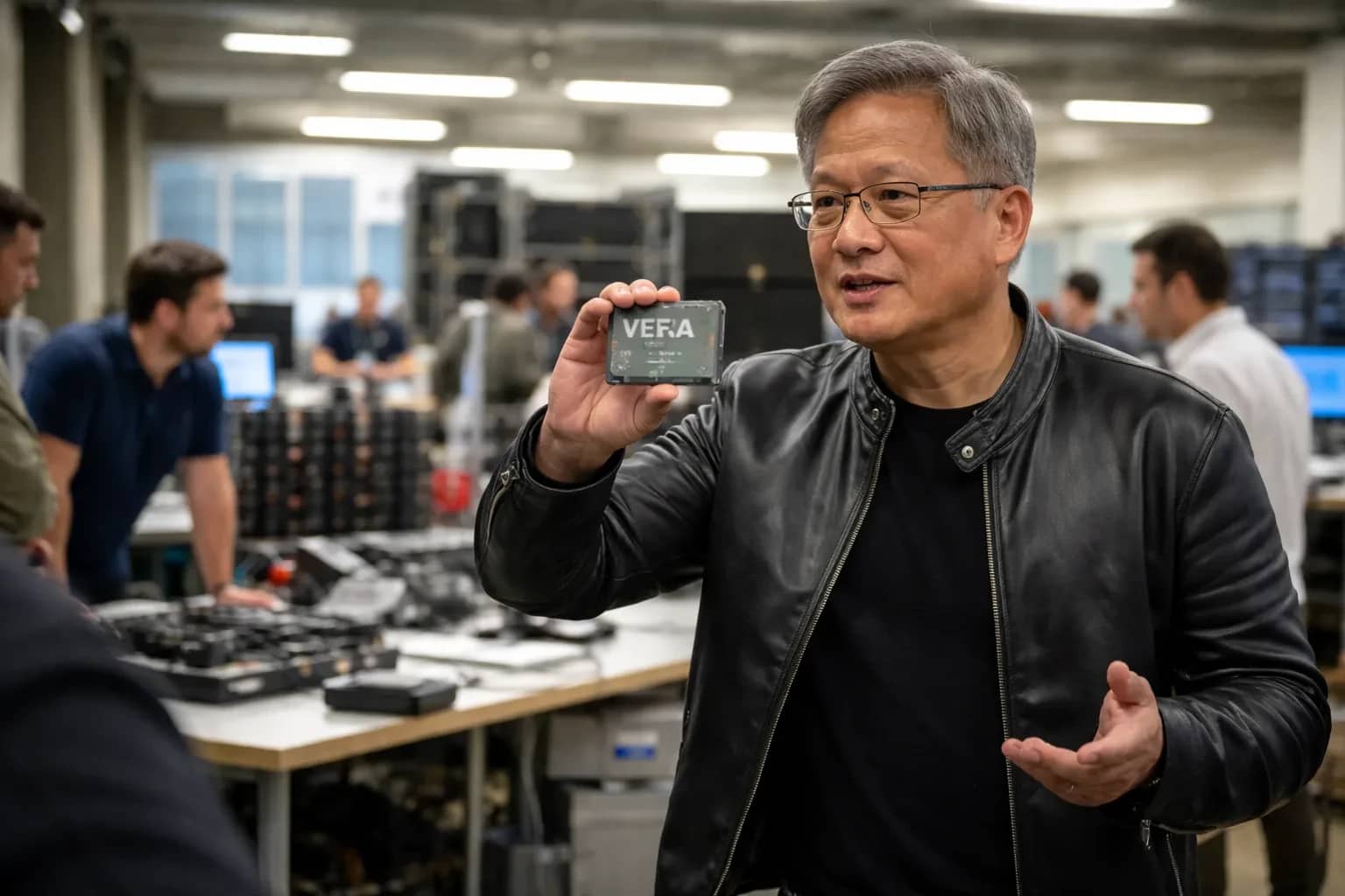 Jensen Huang speaking at a corporate event with Nvidia branding.