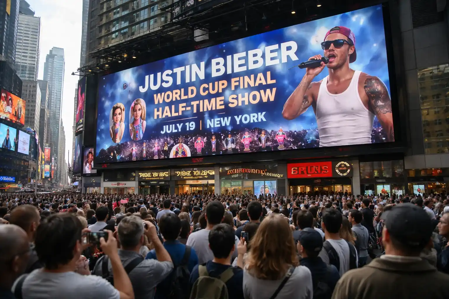 Justin Bieber performing on stage for the 2026 FIFA World Cup