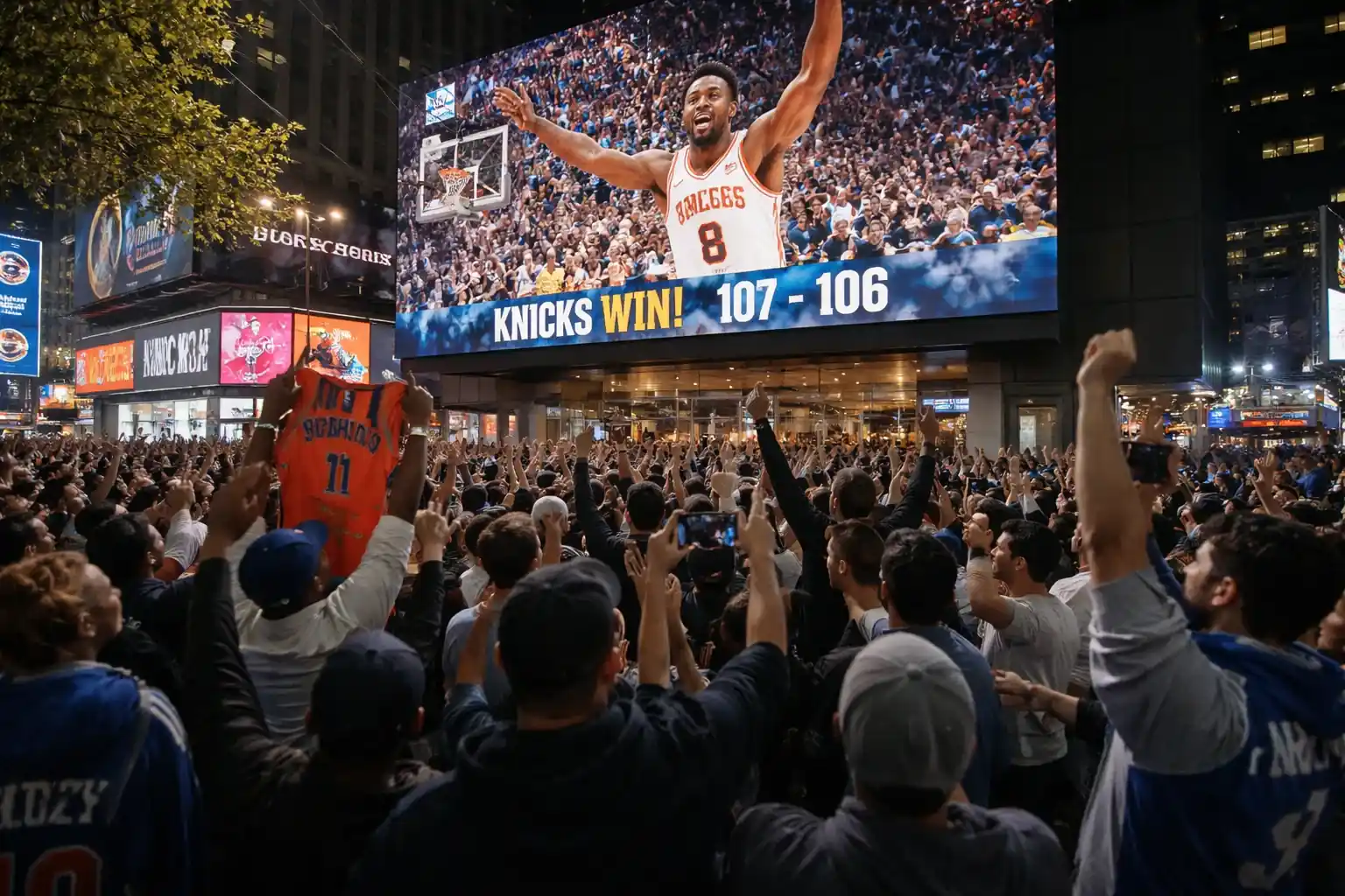 New York Knicks fans celebrate outside Madison Square Garden after a historic comeback win in Game 4 of the NBA Finals.