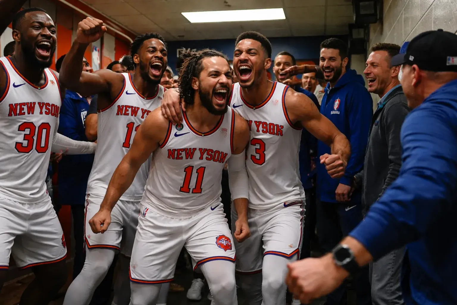 New York Knicks players celebrate a scoring run against the Cleveland Cavaliers during the Eastern Conference Finals.
