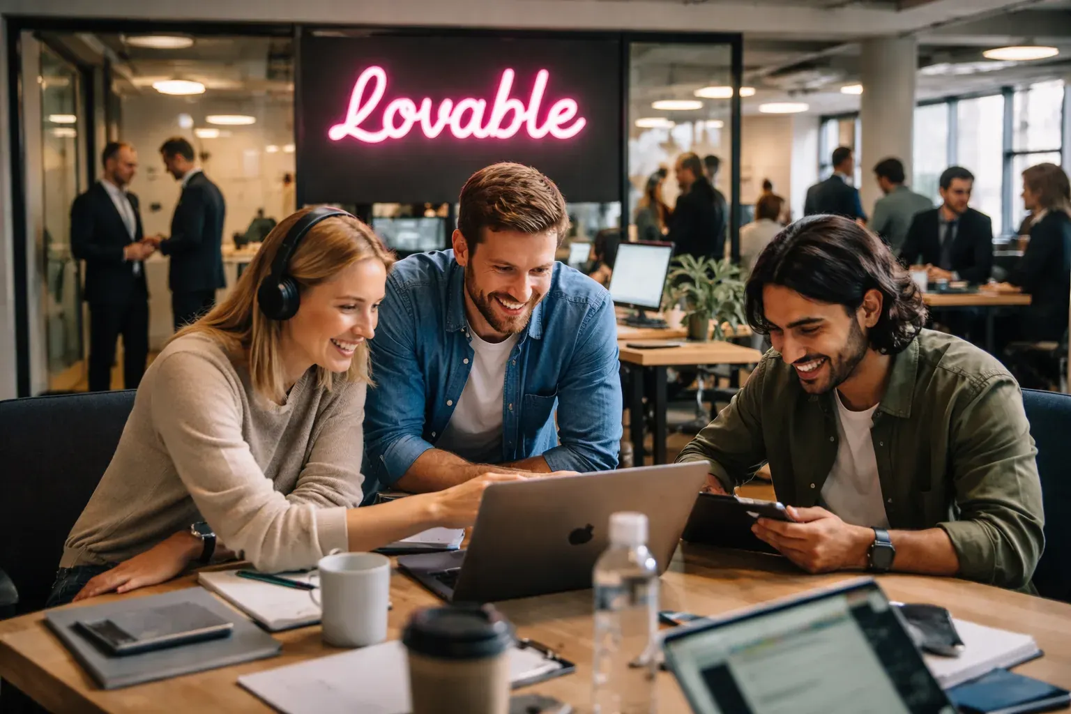 The logo of Swedish AI startup Lovable displayed on a screen against a background of digital code and tech branding.
