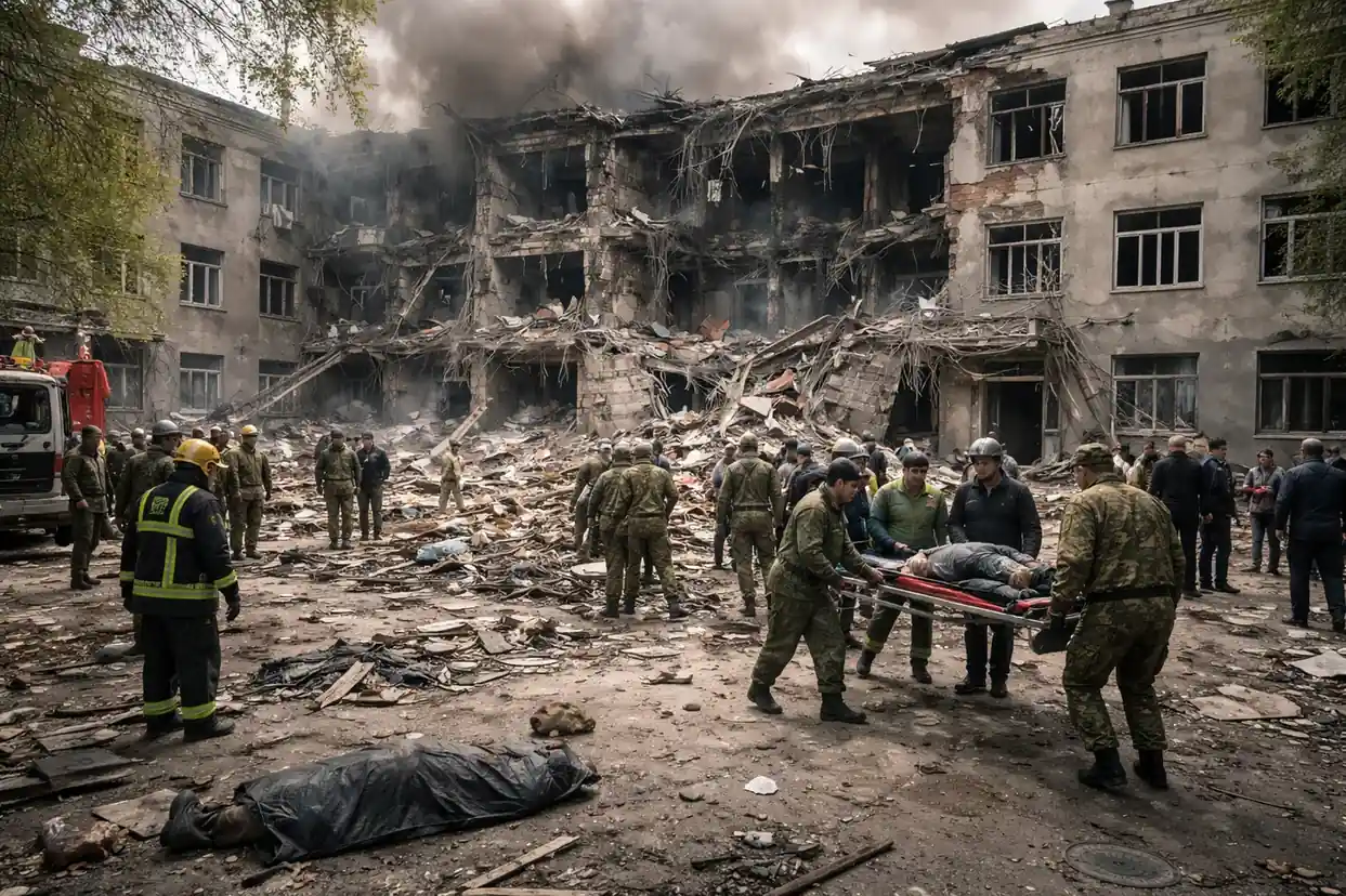 A destroyed five-story building at the Starobilsk Professional College in Luhansk with rescuers working in the rubble.