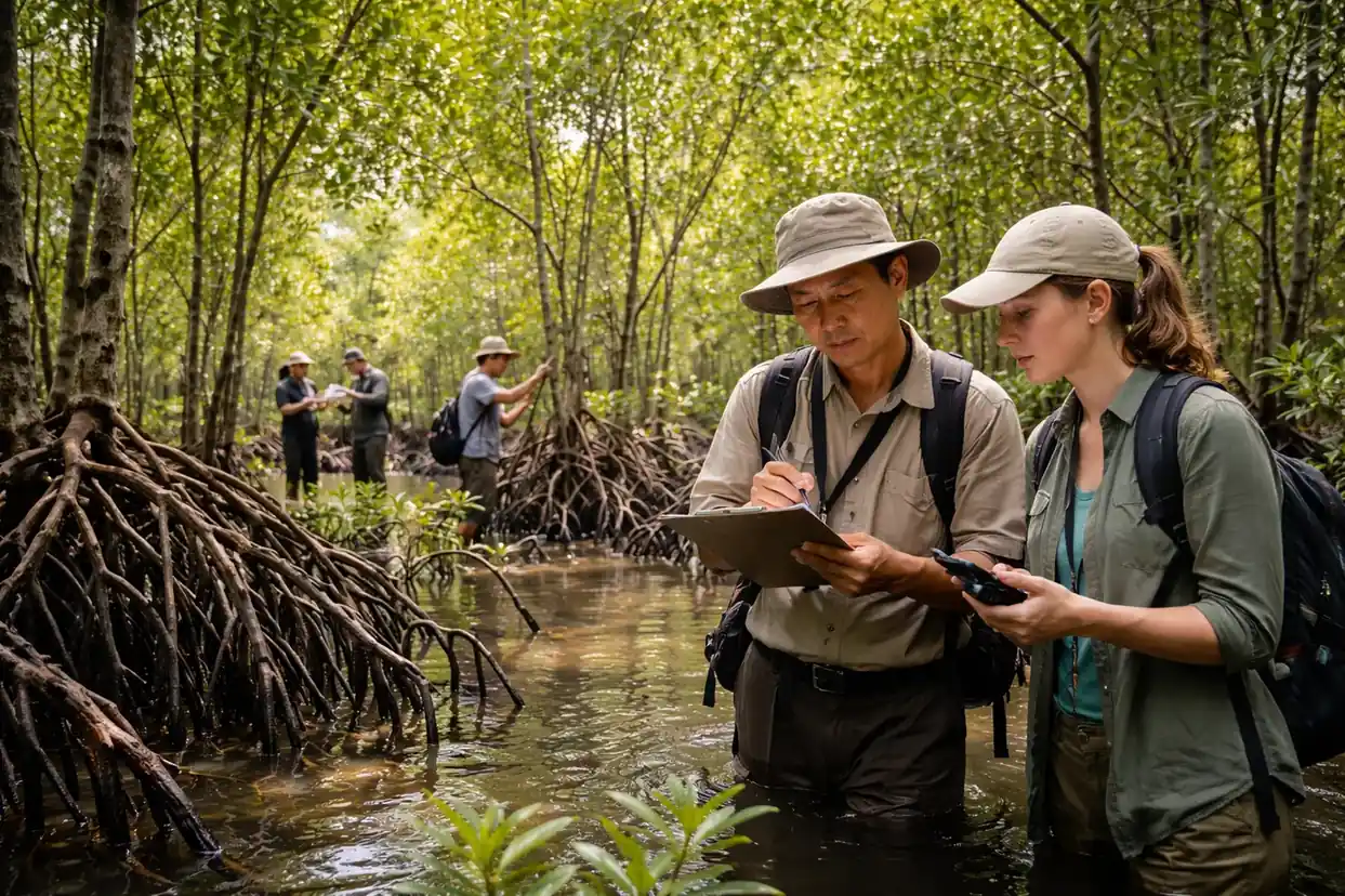 A dense mangrove forest with tangled roots submerged in water along a tropical coastline.