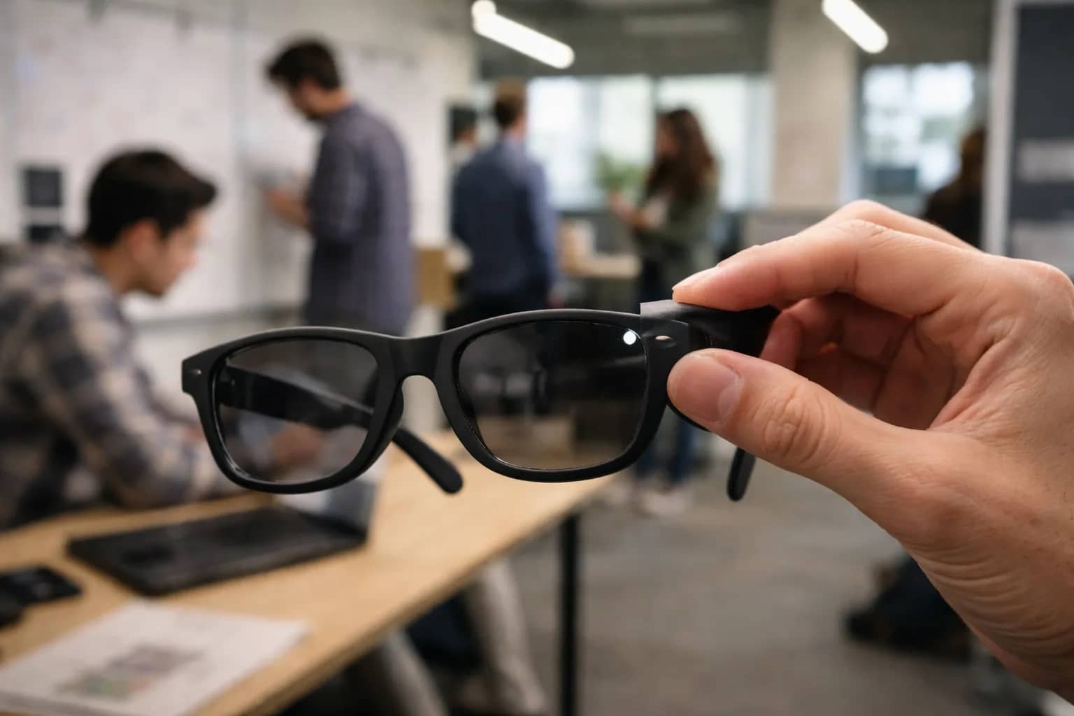 A close-up of Meta AI glasses showing the integrated camera and the LED recording indicator.
