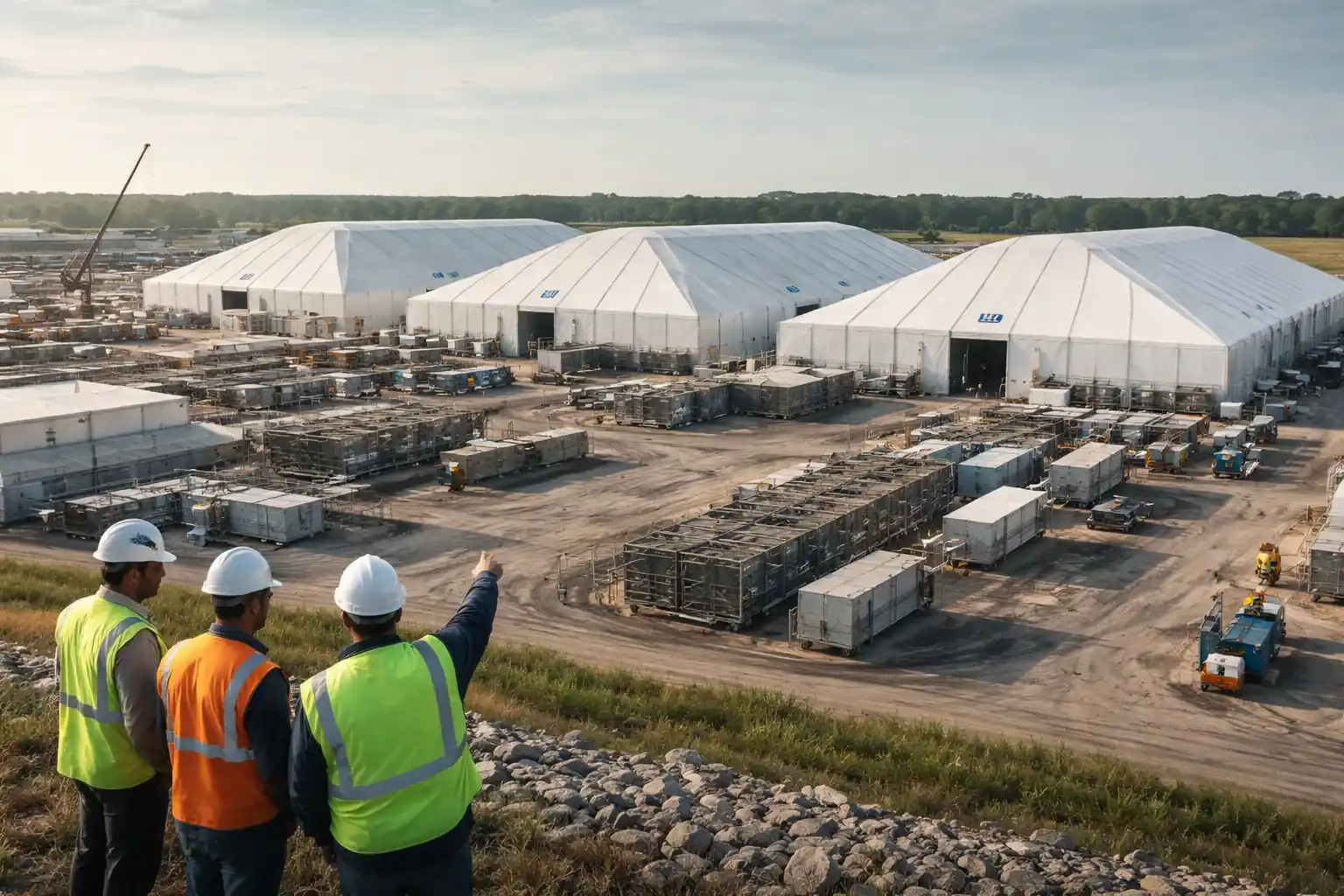 Satellite view of large white industrial tents used as data centers in Ohio