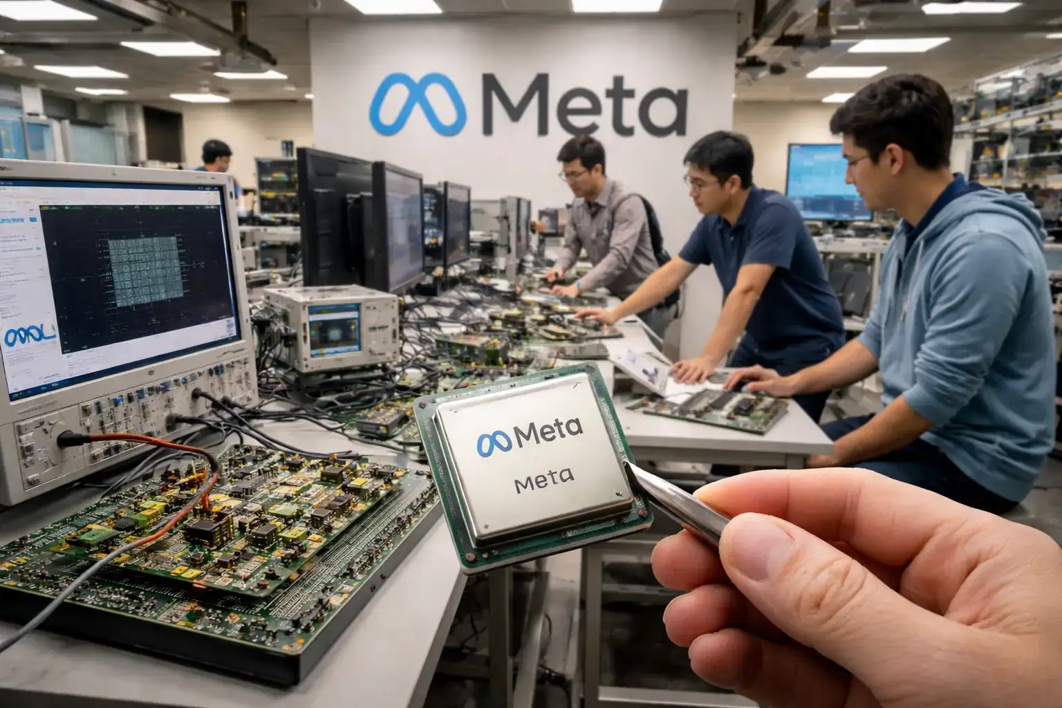 A digital representation of Meta's custom MTIA AI chip architecture designed for data centers.