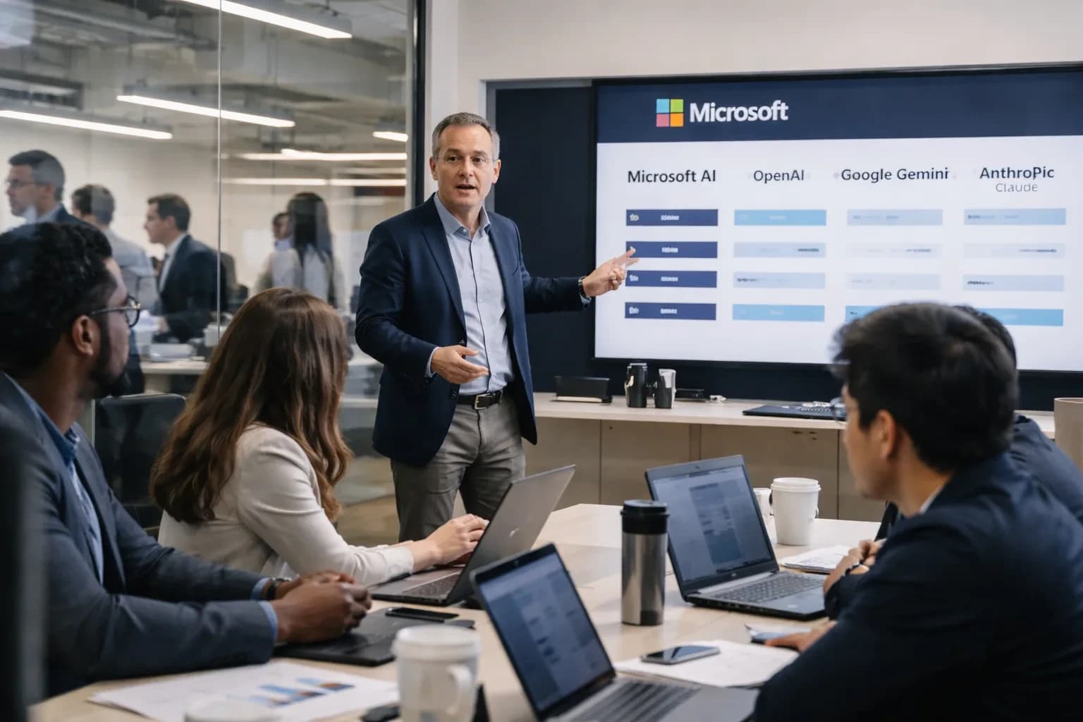 Microsoft logo and AI conceptual imagery representing the company's internal model development.