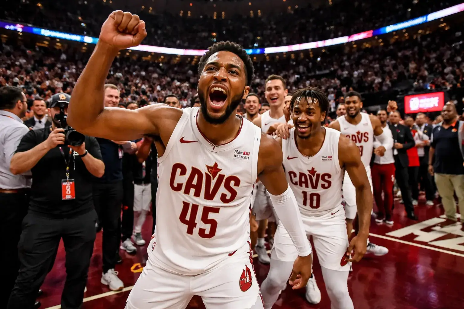 Donovan Mitchell of the Cleveland Cavaliers celebrates during a Game 7 victory over the Detroit Pistons.