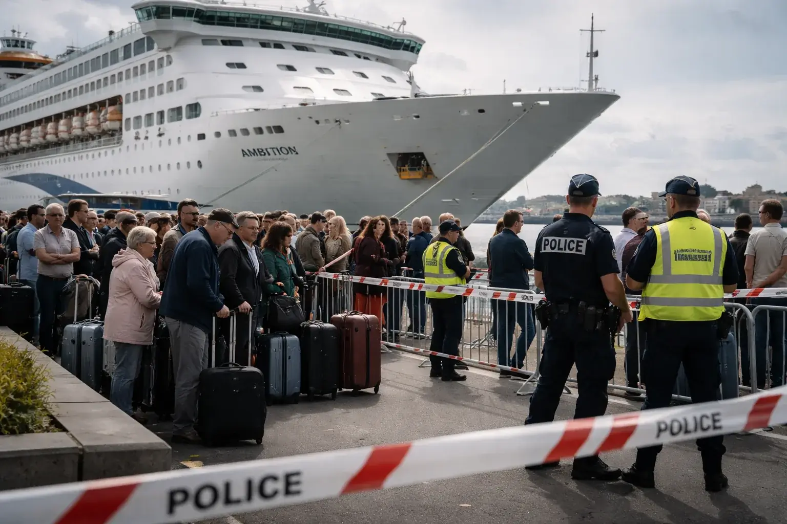 The Ambition cruise ship docked in a port environment