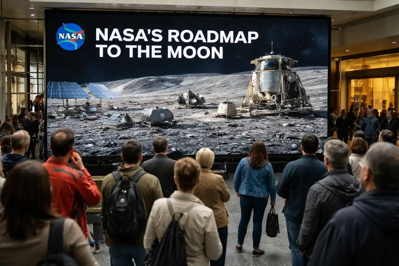 NASA artist rendering of a lunar base with housing modules, power systems, and rovers on the Moon's surface.