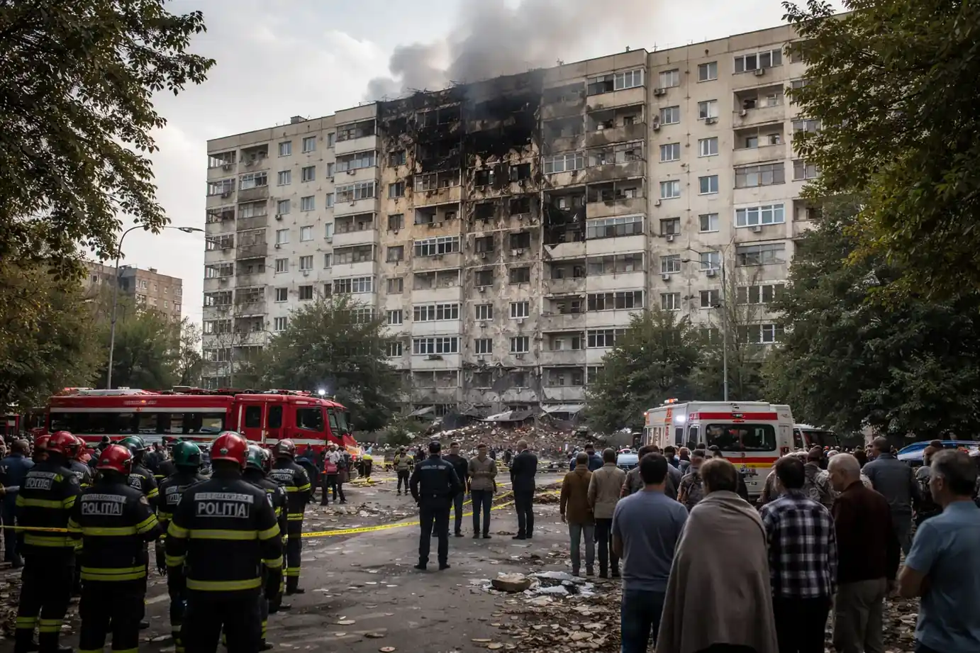Emergency services at a fire in a Romanian apartment building after a drone strike.