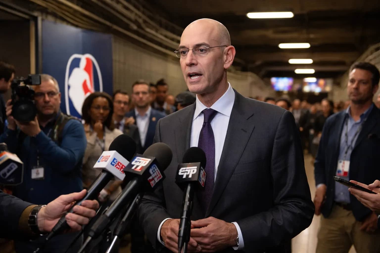 NBA Commissioner Adam Silver speaking at a press conference regarding league policy changes.