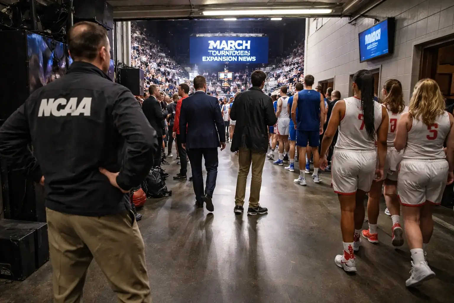 A basketball on a court representing the NCAA Tournament expansion.