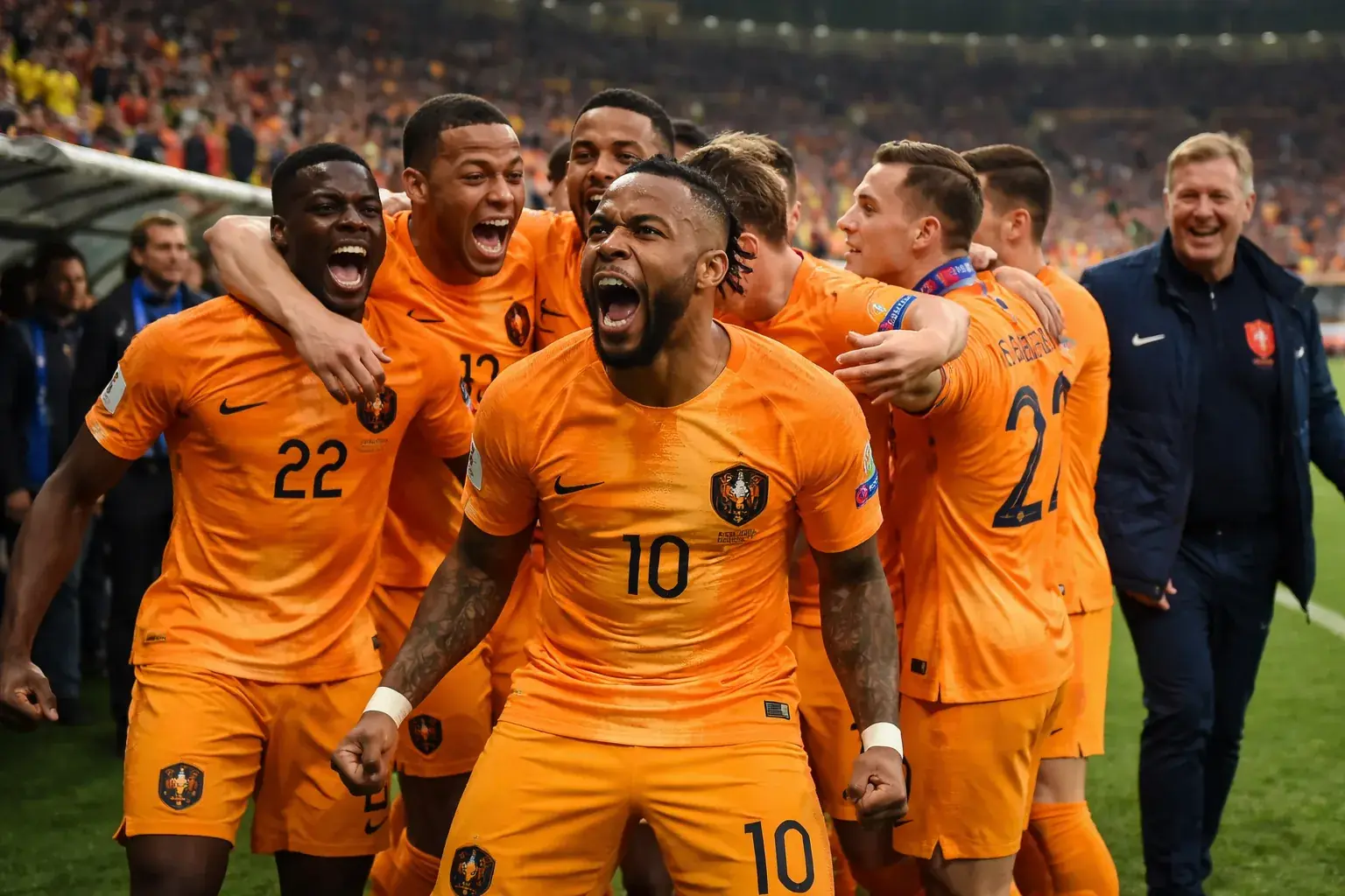 Netherlands players celebrating on the pitch after victory