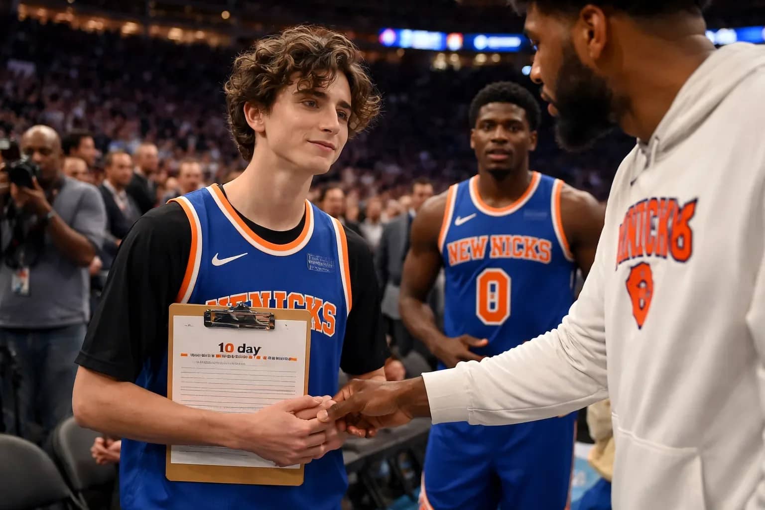 Actor Timothée Chalamet cheering at a New York Knicks game in Madison Square Garden