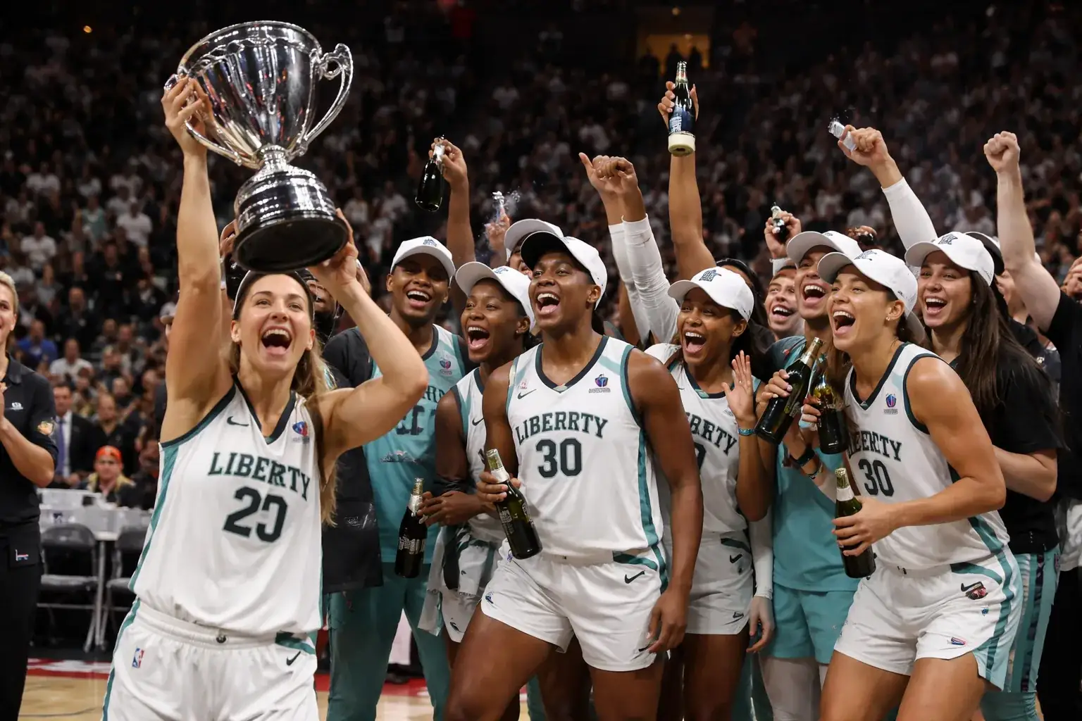 Players from the New York Liberty celebrating their second WNBA Commissioner's Cup victory on the court.