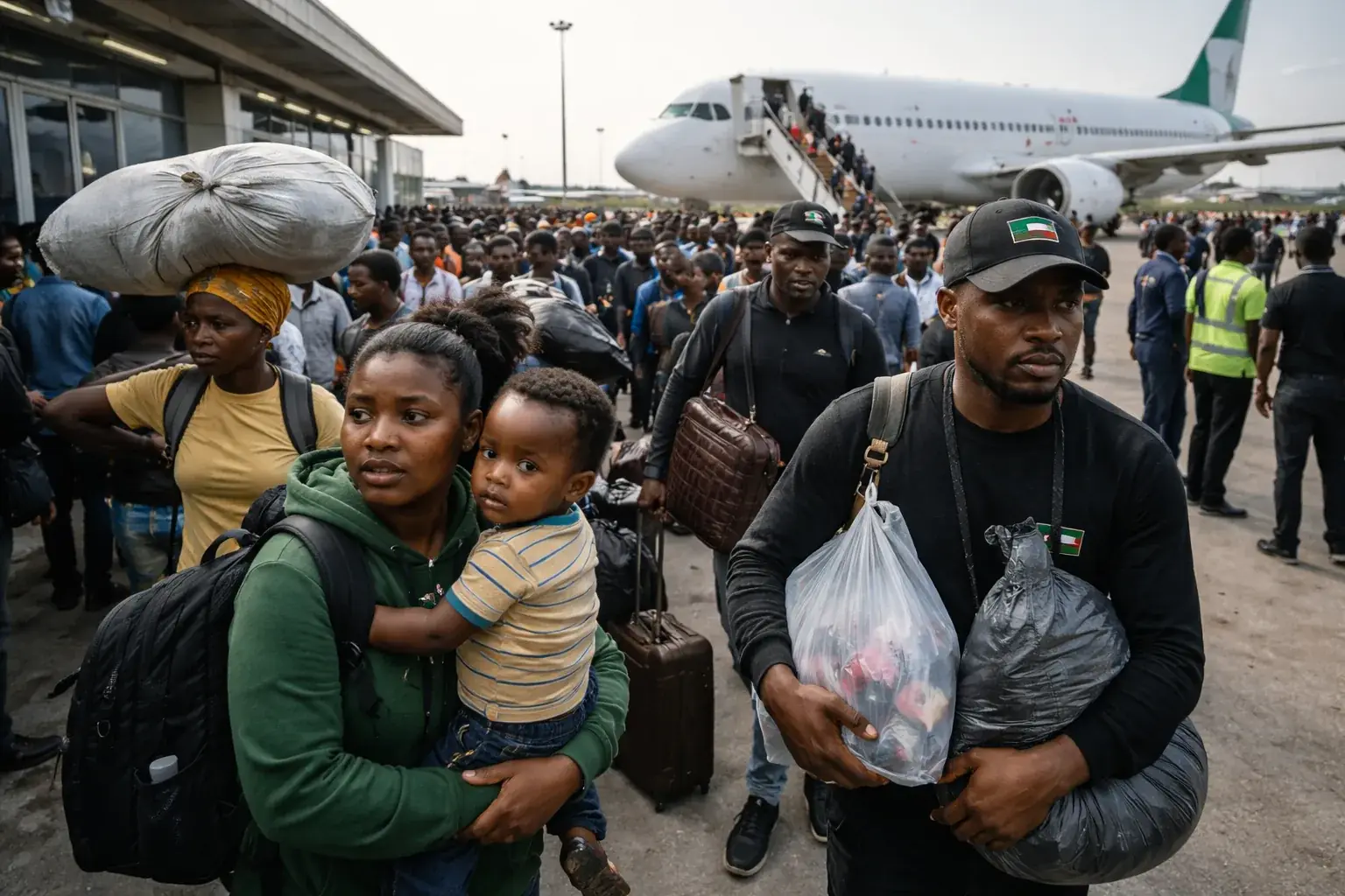 Nigerian citizens arriving at an airport after being evacuated from South Africa