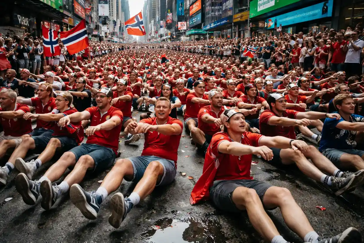 Norwegian soccer fans performing the 'Viking Row' in a public square during the World Cup.