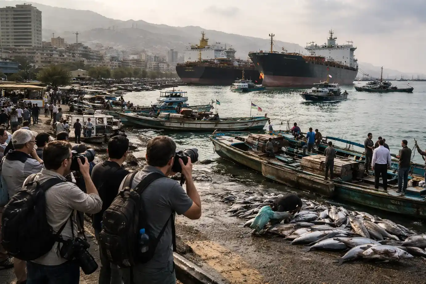 Cargo ships waiting for permission to pass through the Strait of Hormuz near Bandar Abbas.
