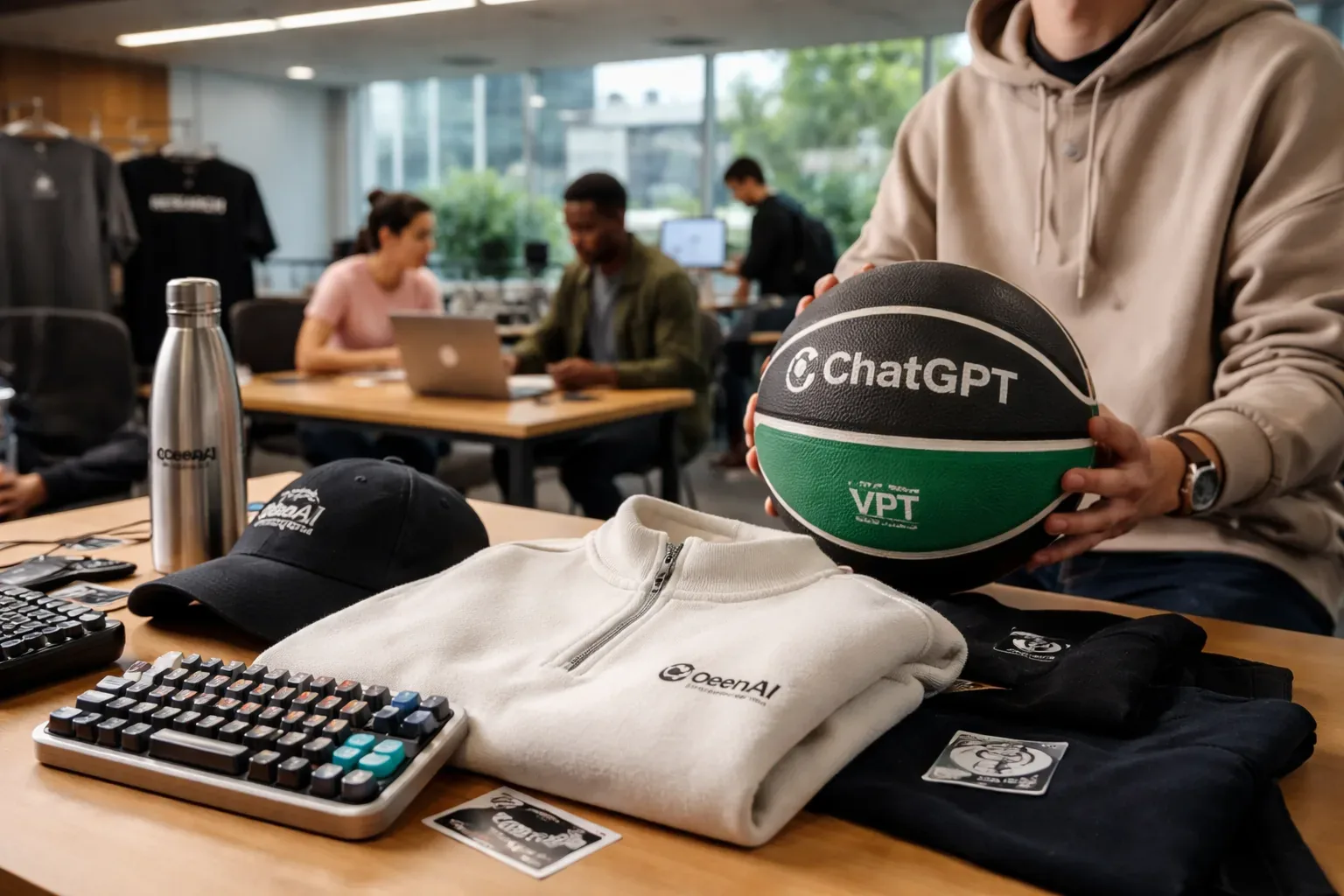 A photograph showing the OpenAI ChatGPT branded basketball and research-themed apparel.