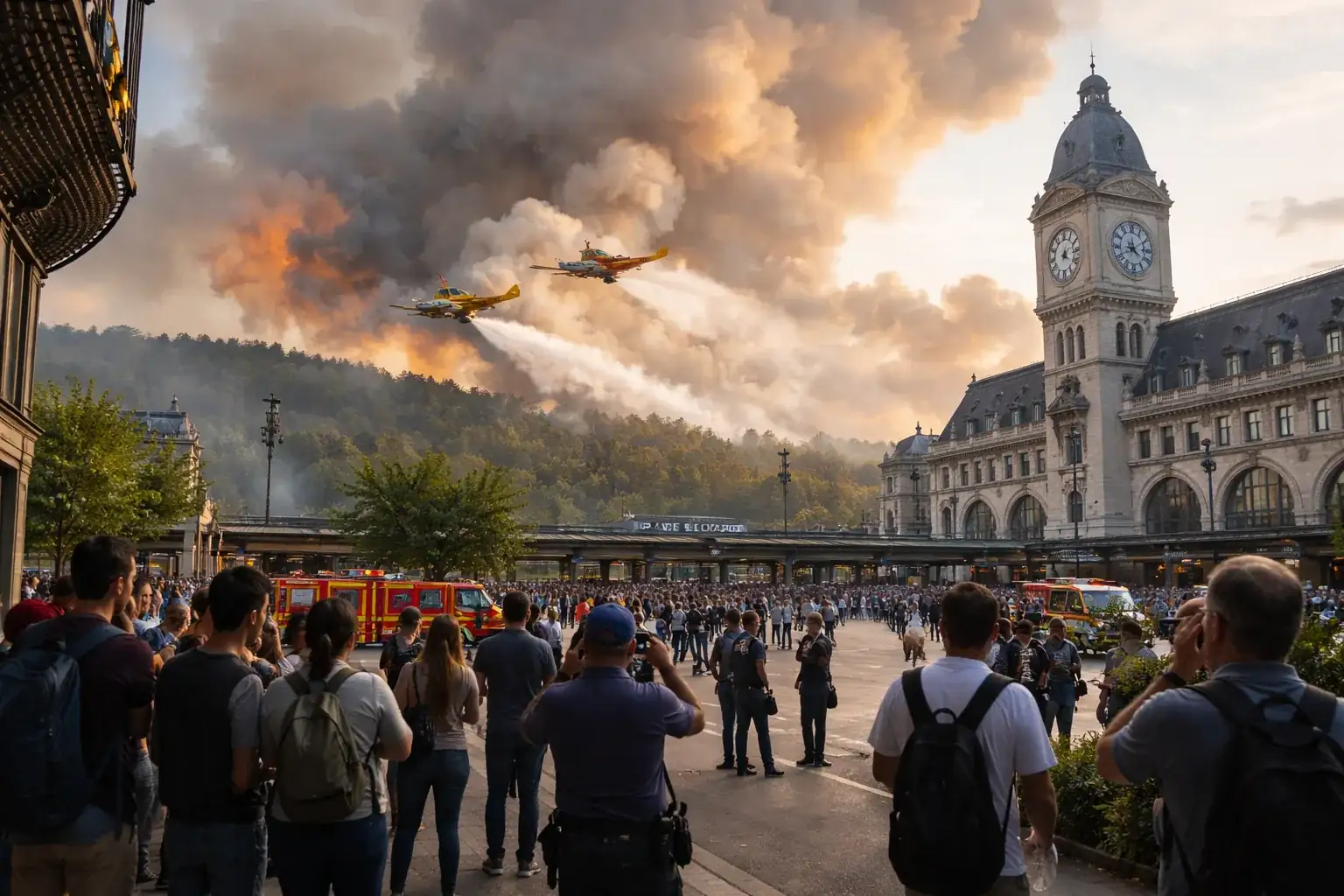 Planes water-bombing the Fontainebleau forest wildfire south of Paris during an exceptional heatwave.
