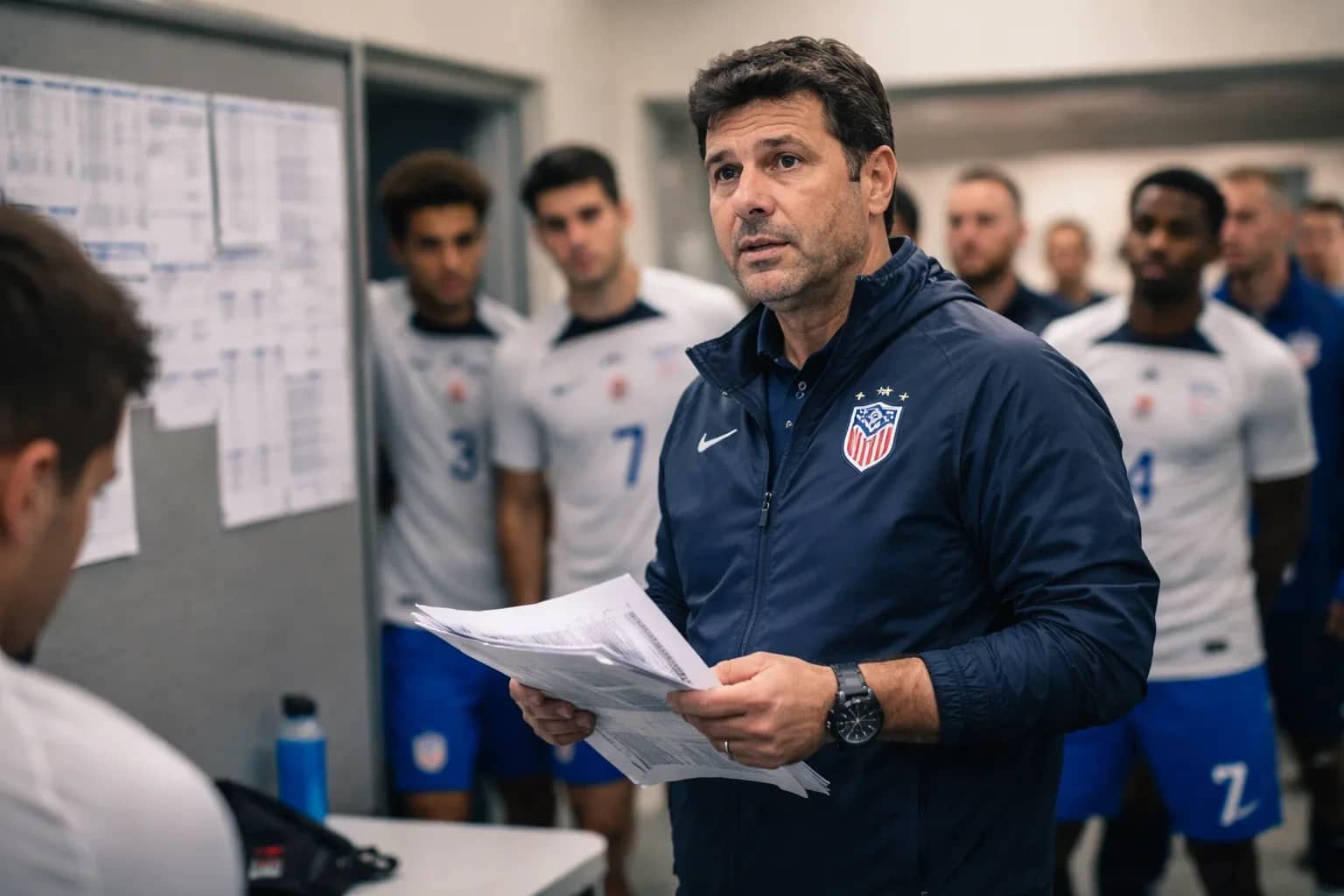 Mauricio Pochettino gestures on the sidelines during a USMNT training session.