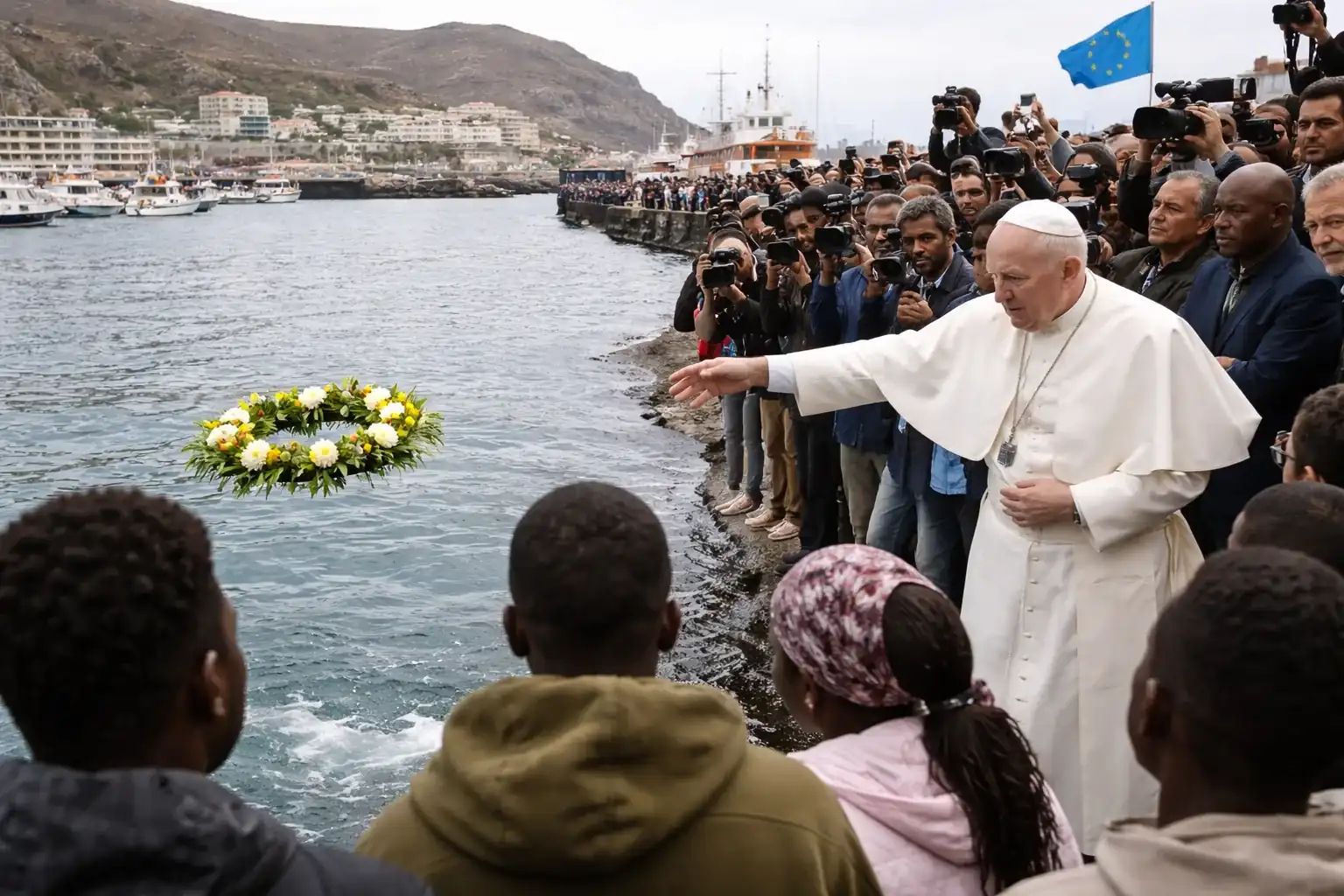 Pope Leo XIV throwing a wreath into the sea in the Canary Islands to honor migrants who died at sea.
