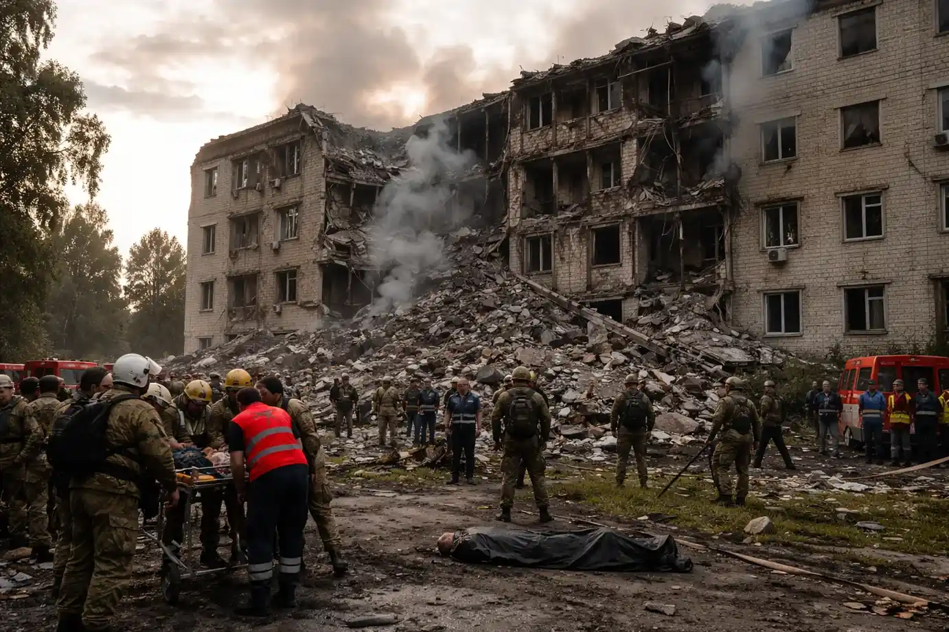 A view of damaged infrastructure in eastern Ukraine following reported drone strikes.