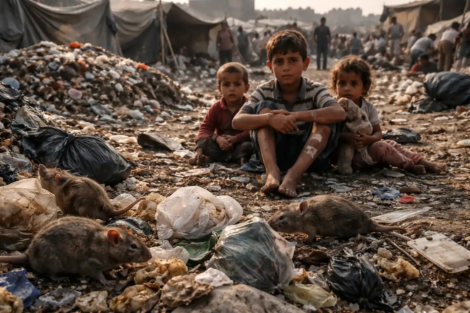 A crowded displacement camp in Gaza with waste piles and makeshift tents.