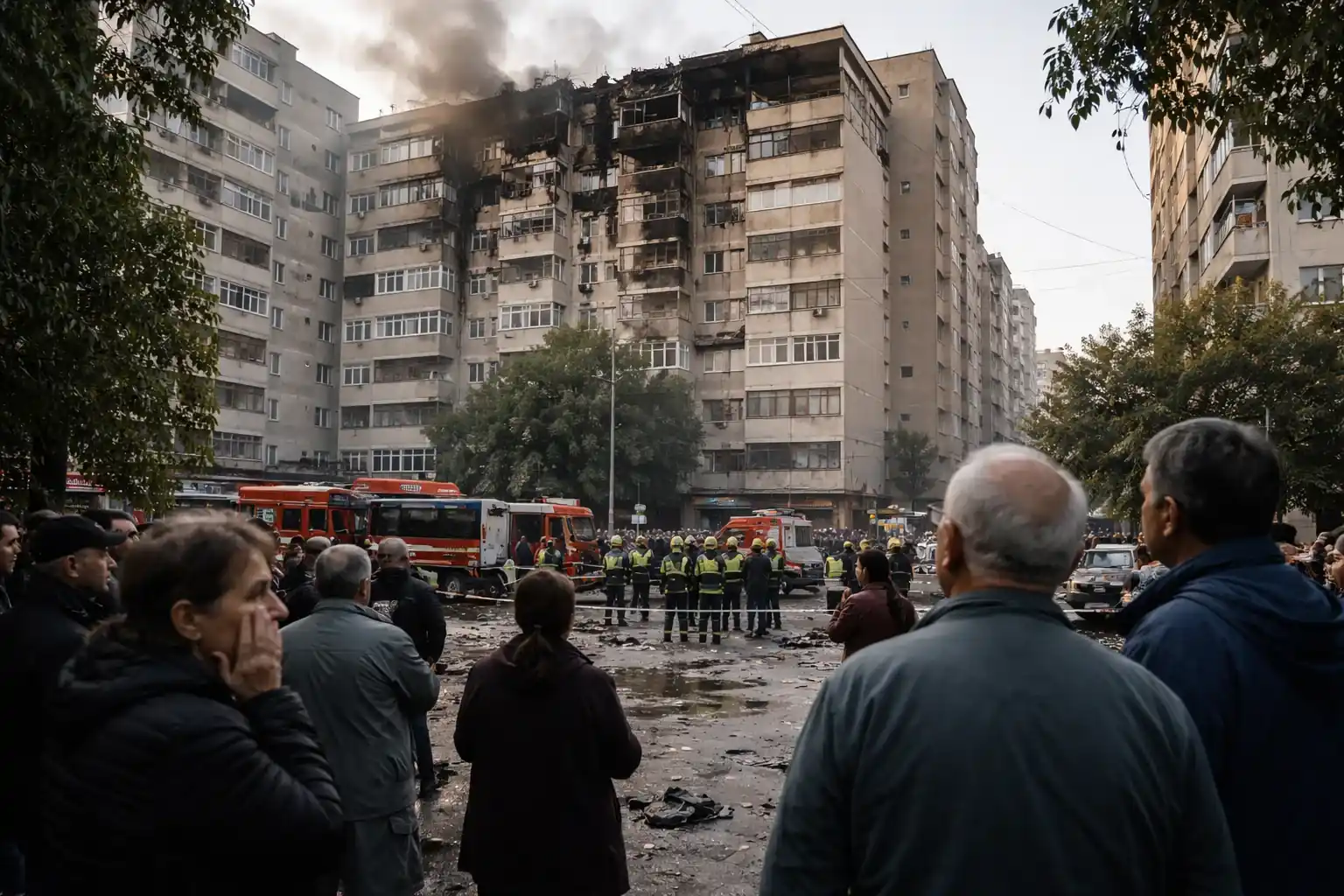 A plastic-covered hole in the concrete roof of a residential apartment building in Galati, Romania, following a drone strike.