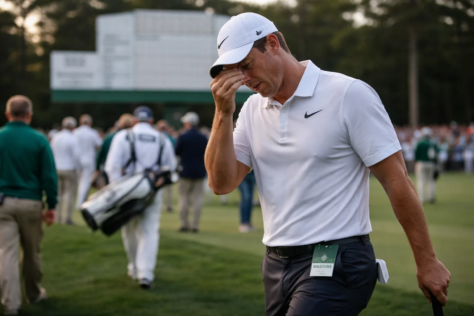 Rory McIlroy reacting to a missed putt on the 18th green at Augusta National during the 2026 Masters.